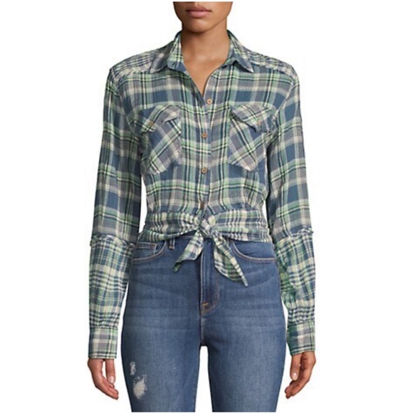 Free people first bloom tie front plaid shirt -SM - Picture 2 of 16